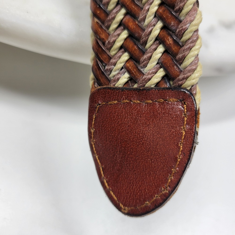 Arden Preppy Braided Leather Belt Size 36 Brown Tan Stretch Woven Brass Buckle - Picture 9 of 13